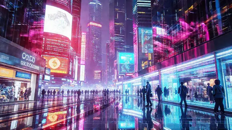 Ciudad futurista digital, brillante y robótica